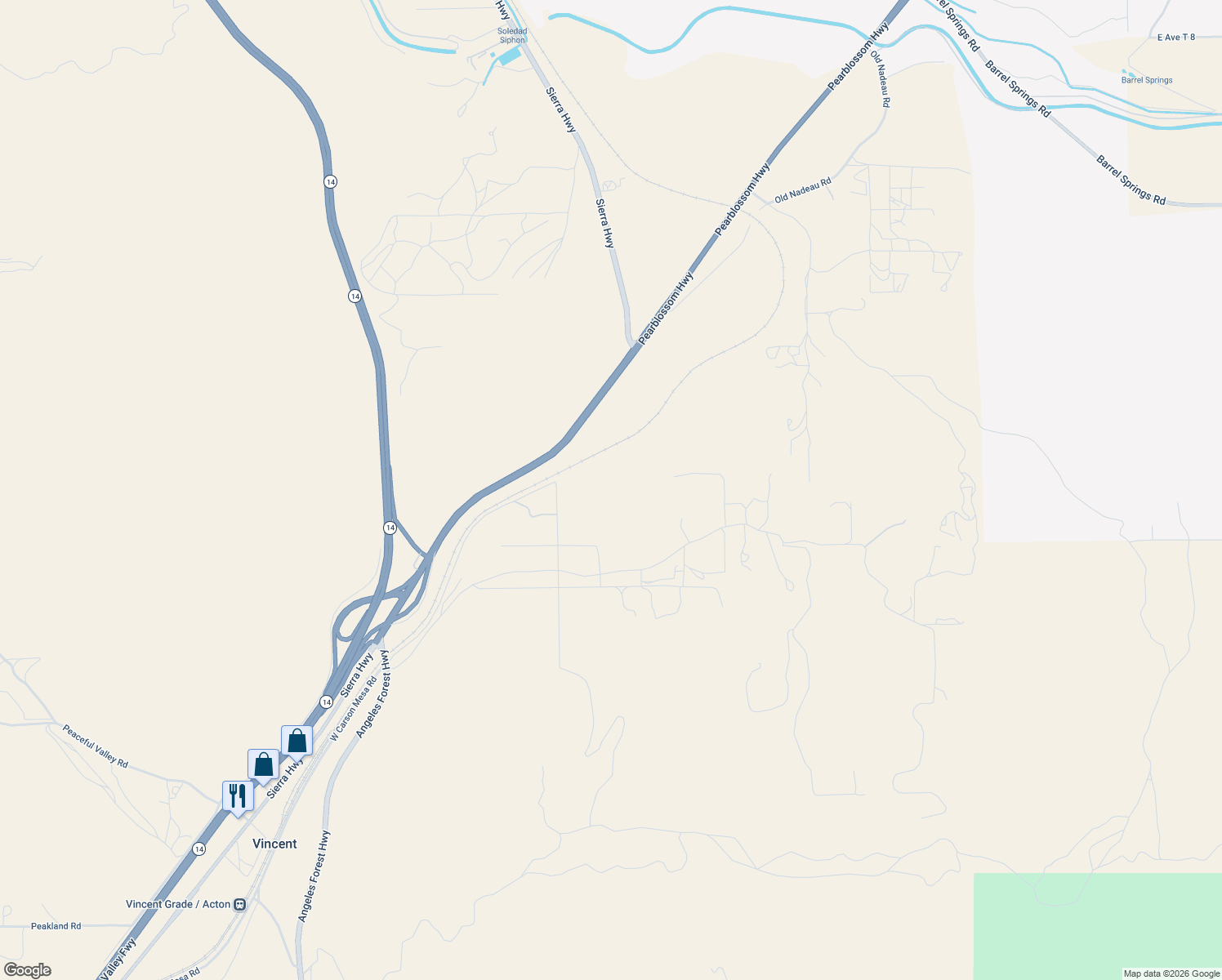 map of restaurants, bars, coffee shops, grocery stores, and more near 1401 East Carson Mesa Road in Palmdale