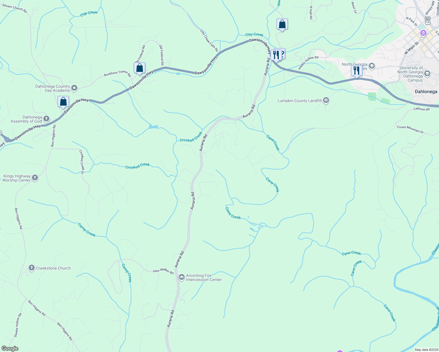 map of restaurants, bars, coffee shops, grocery stores, and more near 127 Bulldog Way in Dahlonega