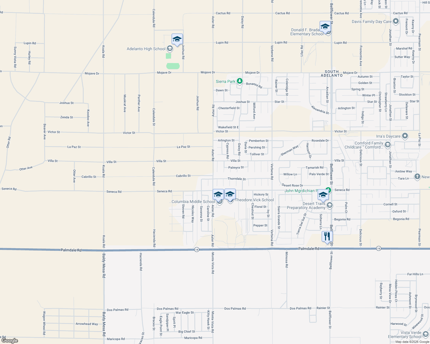 map of restaurants, bars, coffee shops, grocery stores, and more near 14626 Allison St in Adelanto