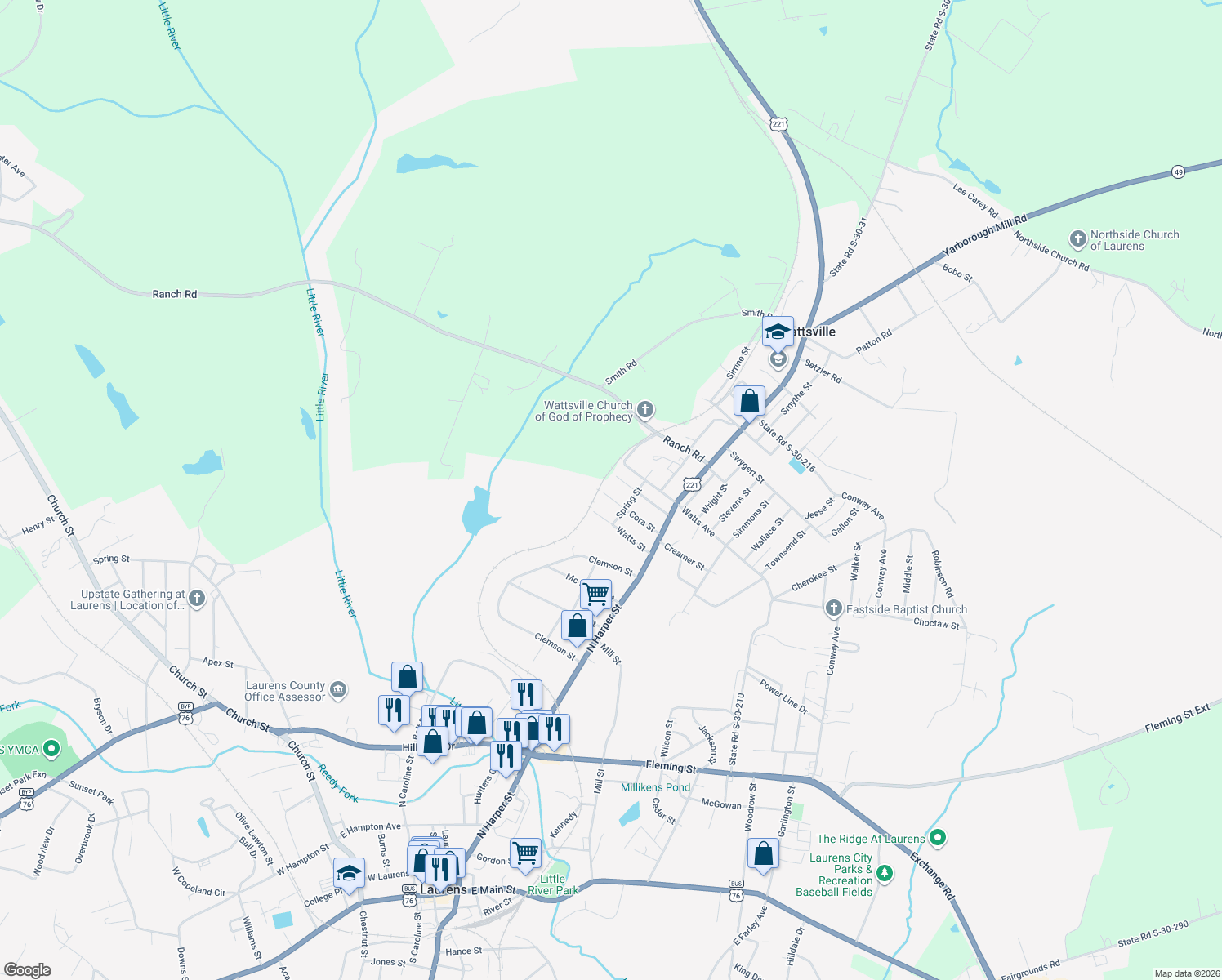 map of restaurants, bars, coffee shops, grocery stores, and more near 322 Cora Street in Laurens