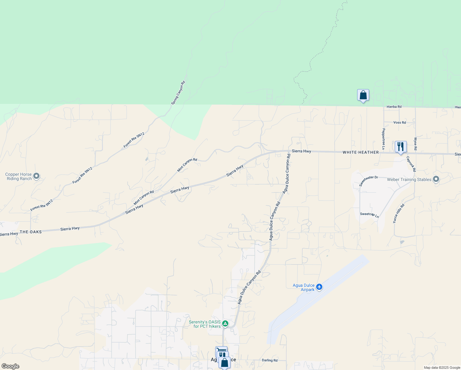 map of restaurants, bars, coffee shops, grocery stores, and more near Pellona Road in Agua Dulce