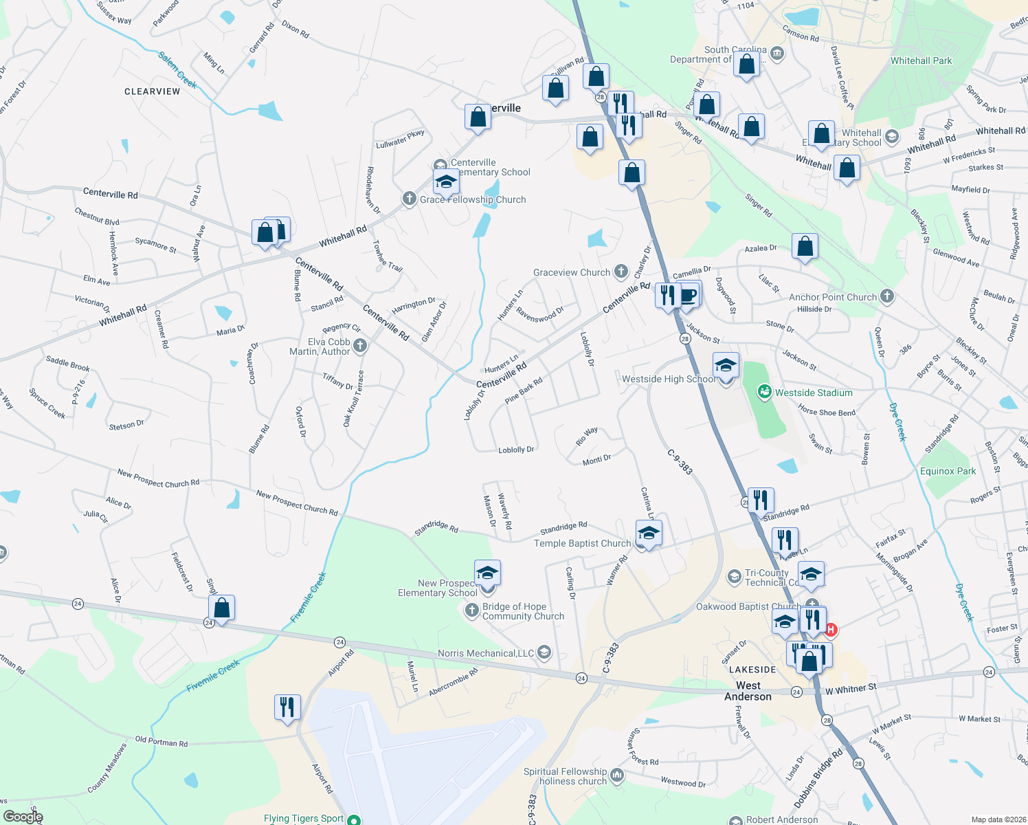 map of restaurants, bars, coffee shops, grocery stores, and more near 103 Pine Forest Drive in Easley