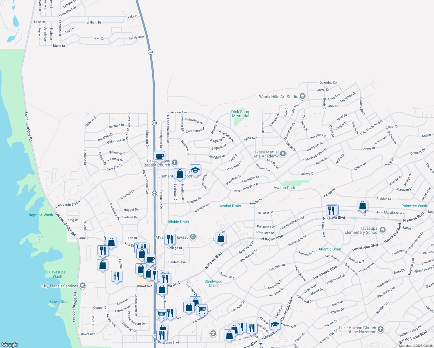 map of restaurants, bars, coffee shops, grocery stores, and more near 2275 N Palo Verde Blvd in Lake Havasu City