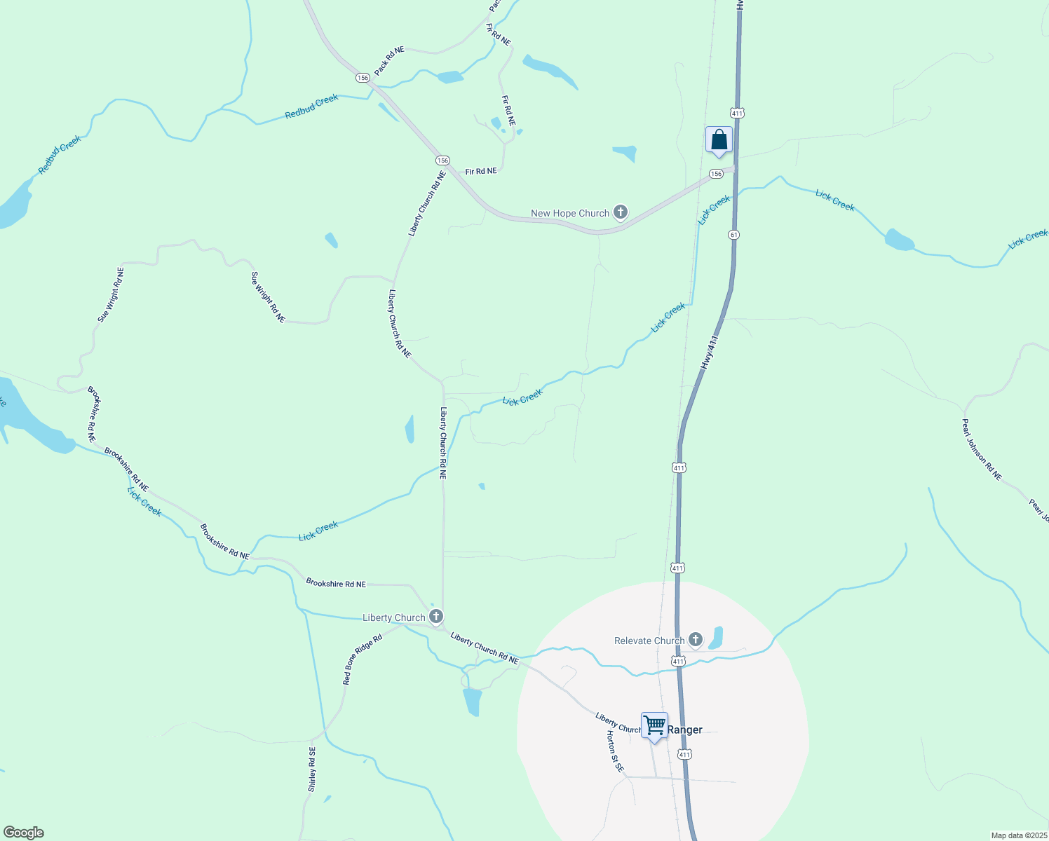 map of restaurants, bars, coffee shops, grocery stores, and more near 1009 Liberty Church Road Northeast in Ranger