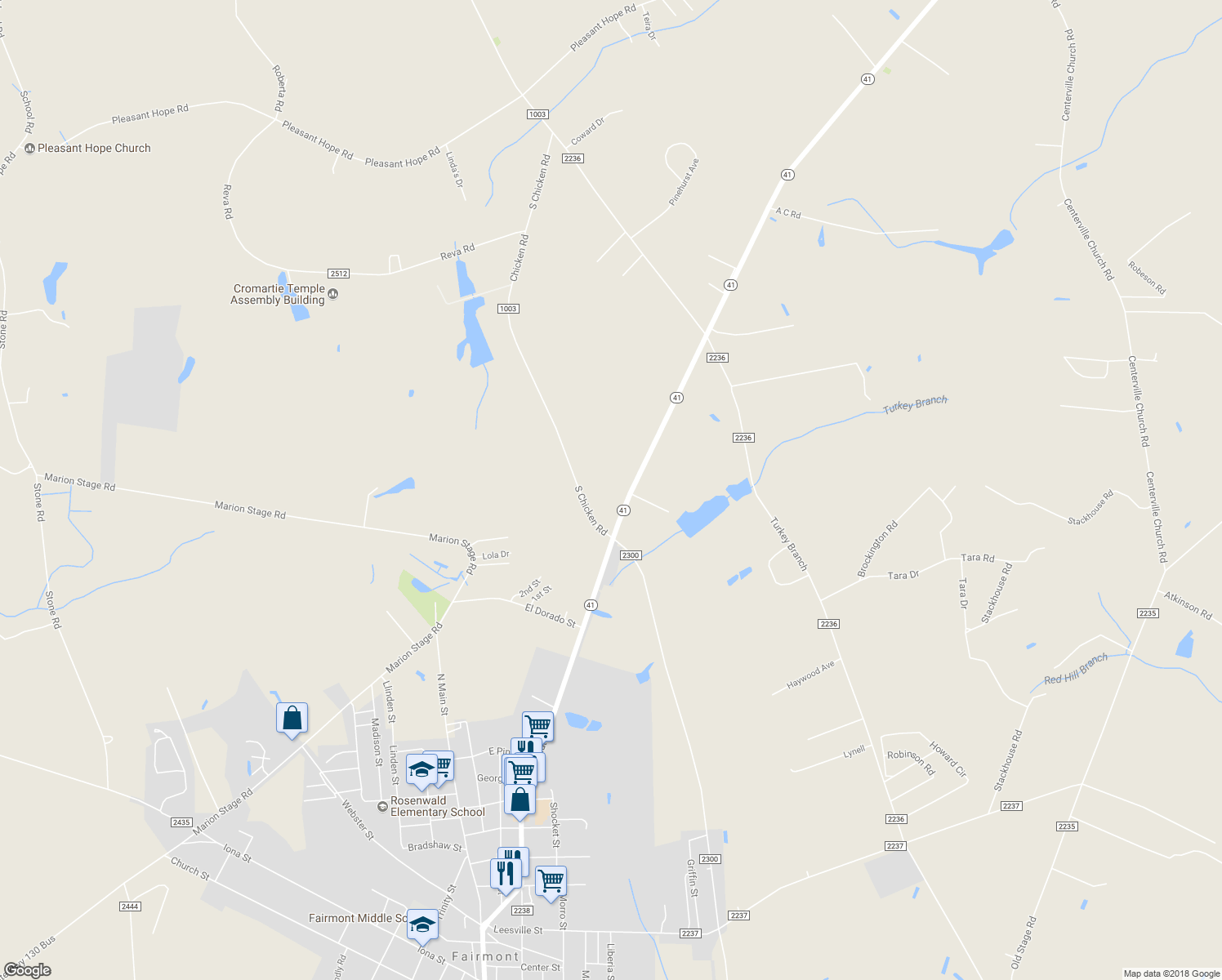 map of restaurants, bars, coffee shops, grocery stores, and more near 5 North Carolina 41 in Fairmont