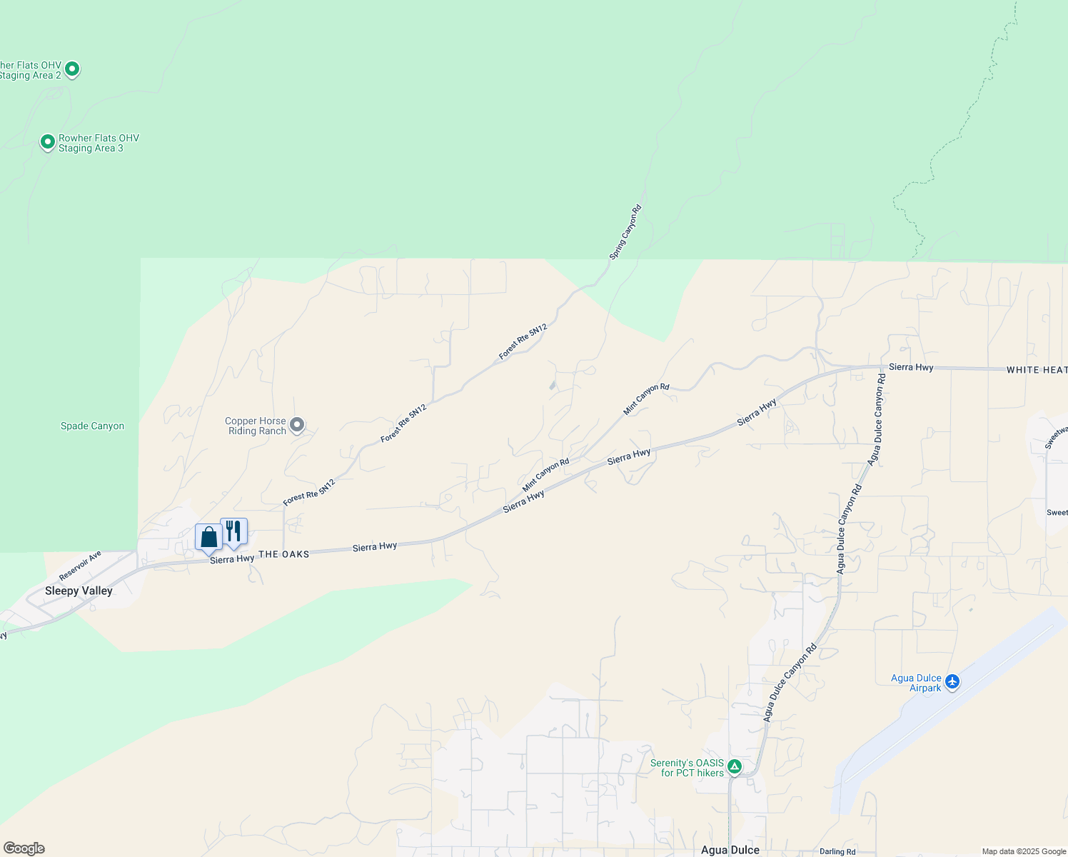 map of restaurants, bars, coffee shops, grocery stores, and more near 11709 Mint Canyon Road in Agua Dulce