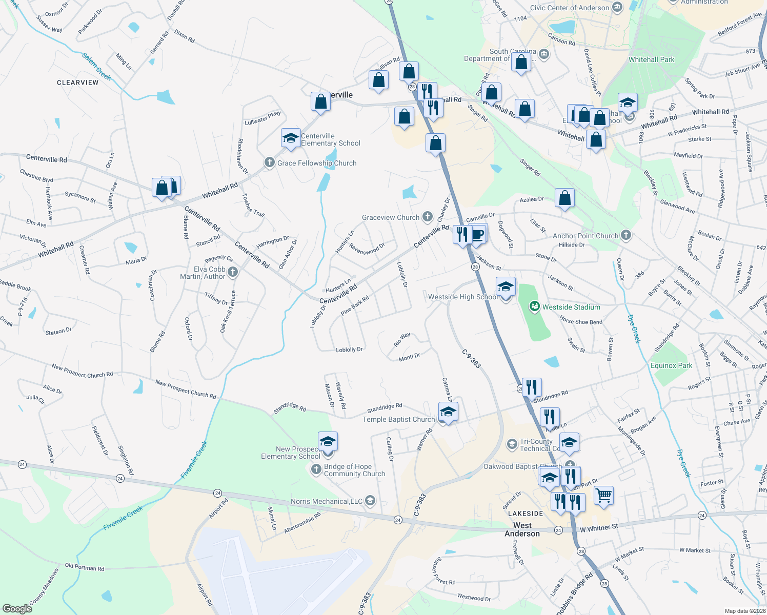 map of restaurants, bars, coffee shops, grocery stores, and more near 107 Pine Needle Trail in Anderson