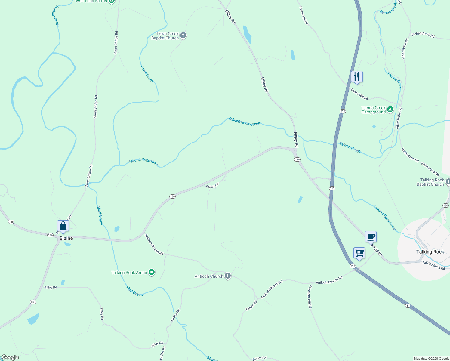 map of restaurants, bars, coffee shops, grocery stores, and more near 21 Priest Circle in Talking Rock