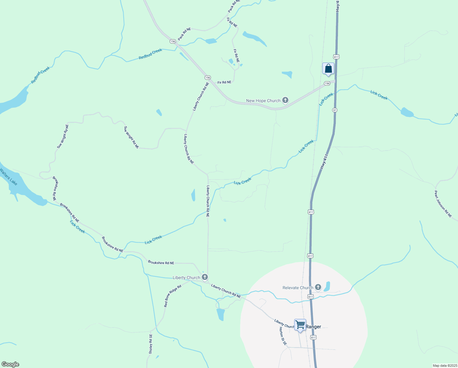 map of restaurants, bars, coffee shops, grocery stores, and more near 1009 Liberty Church Road Northeast in Ranger