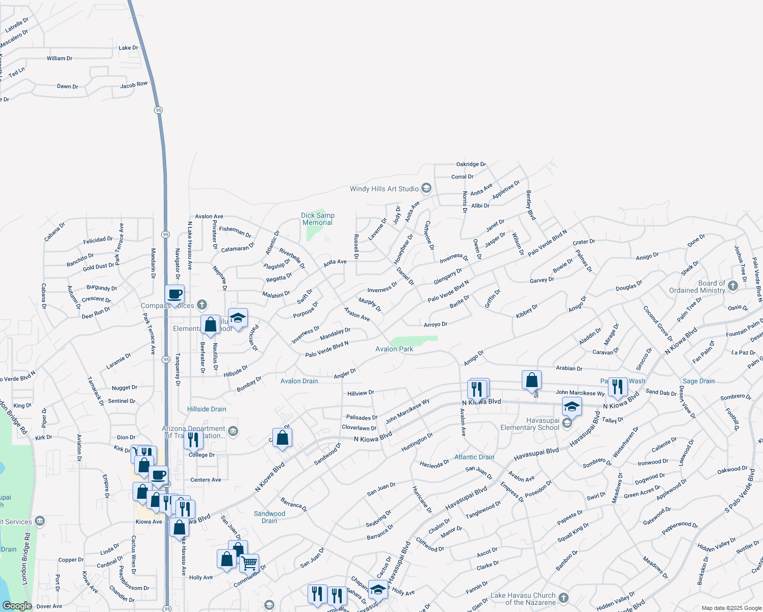 map of restaurants, bars, coffee shops, grocery stores, and more near 1420 Murphy Dr in Lake Havasu City