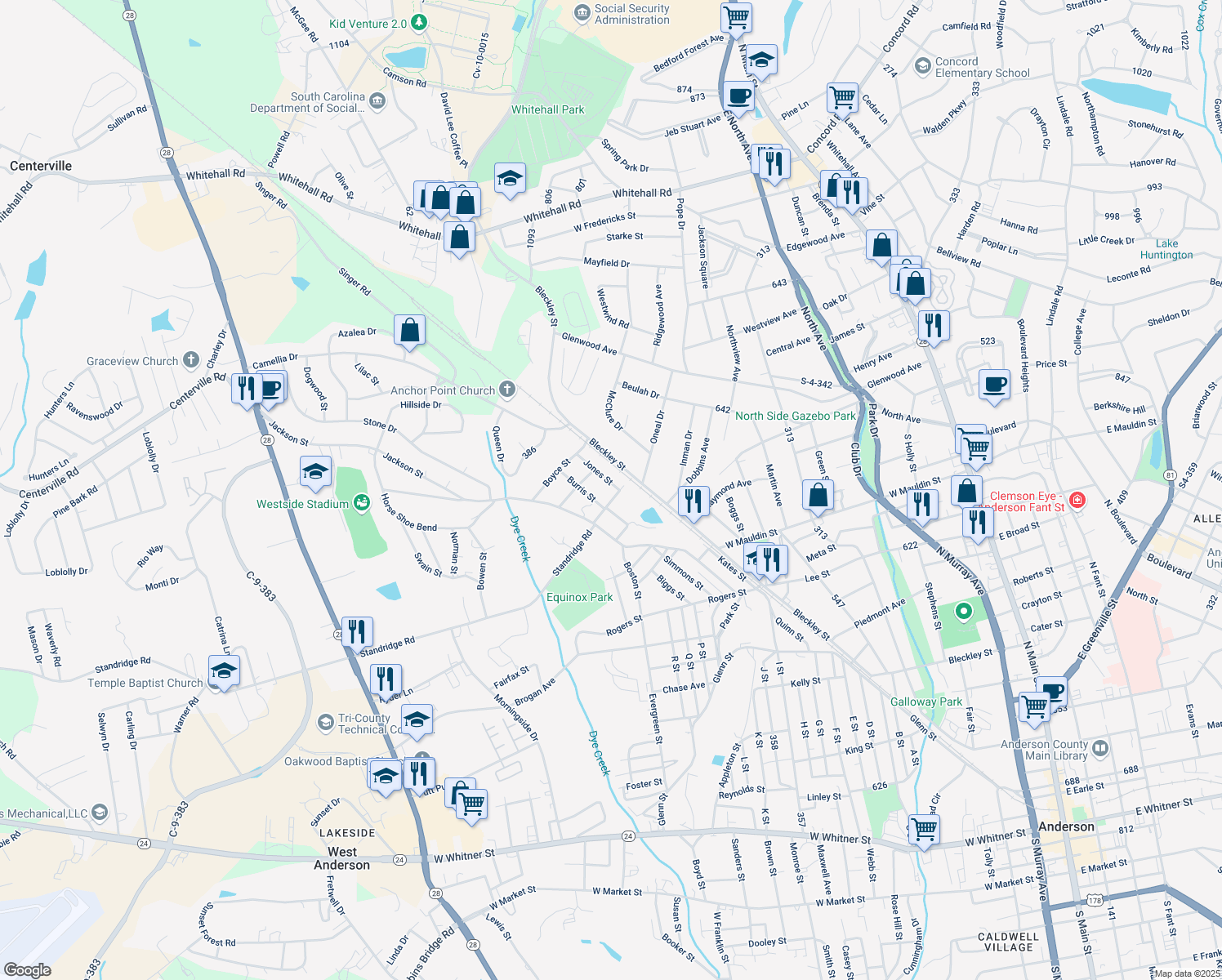 map of restaurants, bars, coffee shops, grocery stores, and more near 103 Jones St in Anderson