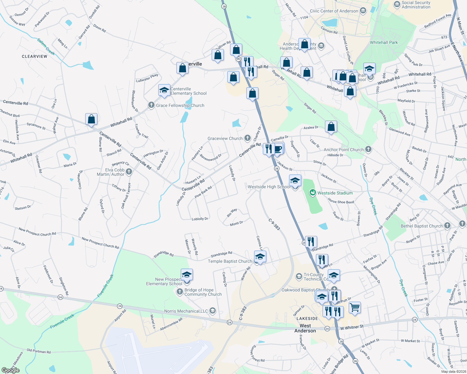 map of restaurants, bars, coffee shops, grocery stores, and more near 208 Loblolly Drive in Anderson