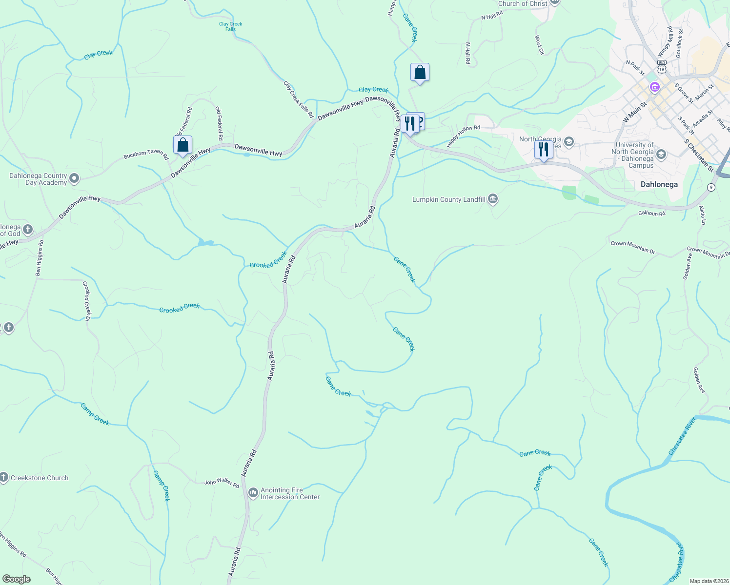 map of restaurants, bars, coffee shops, grocery stores, and more near Grub Stake Drive in Dahlonega