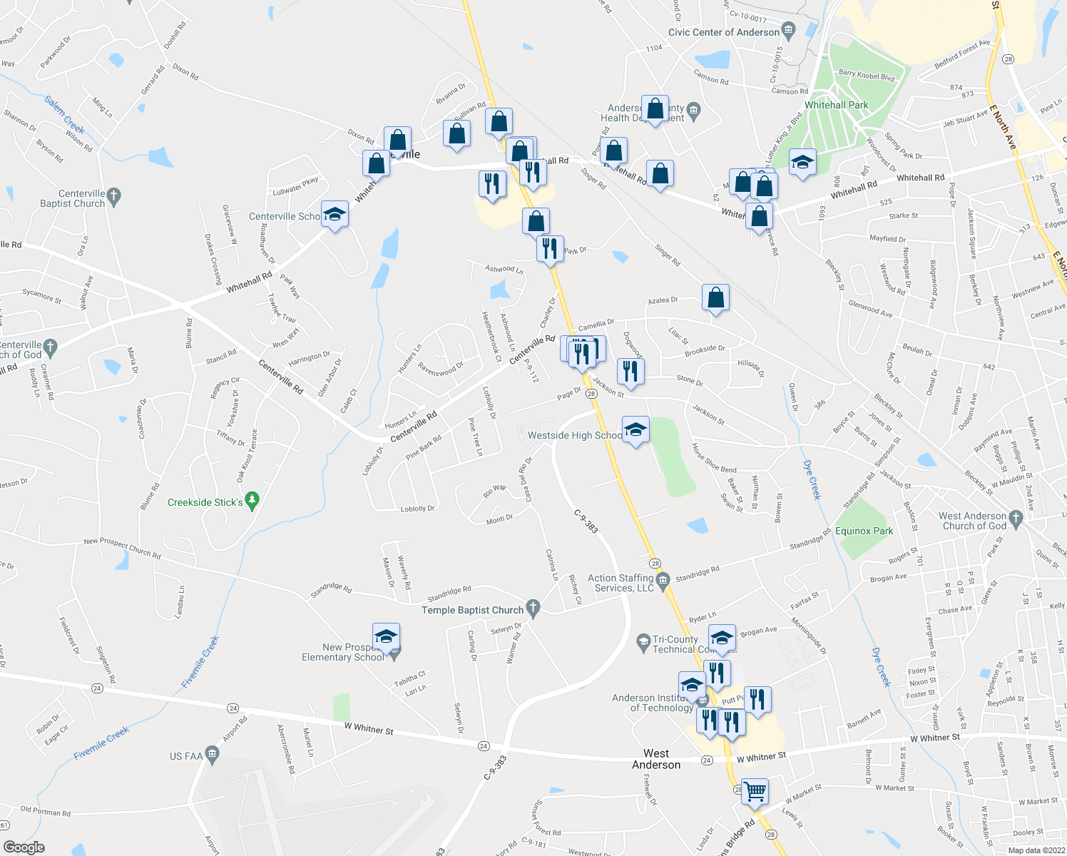 map of restaurants, bars, coffee shops, grocery stores, and more near 150 Continental Street in Anderson