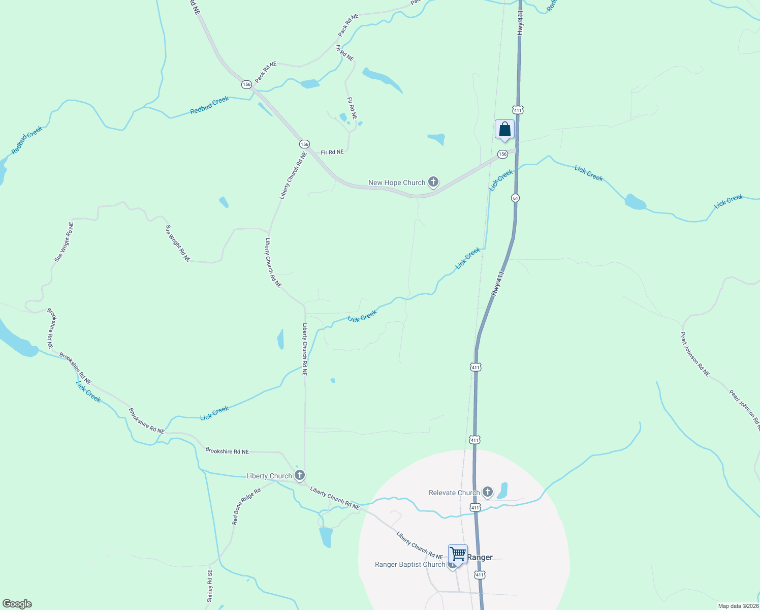 map of restaurants, bars, coffee shops, grocery stores, and more near 1021 Liberty Church Road Northeast in Ranger