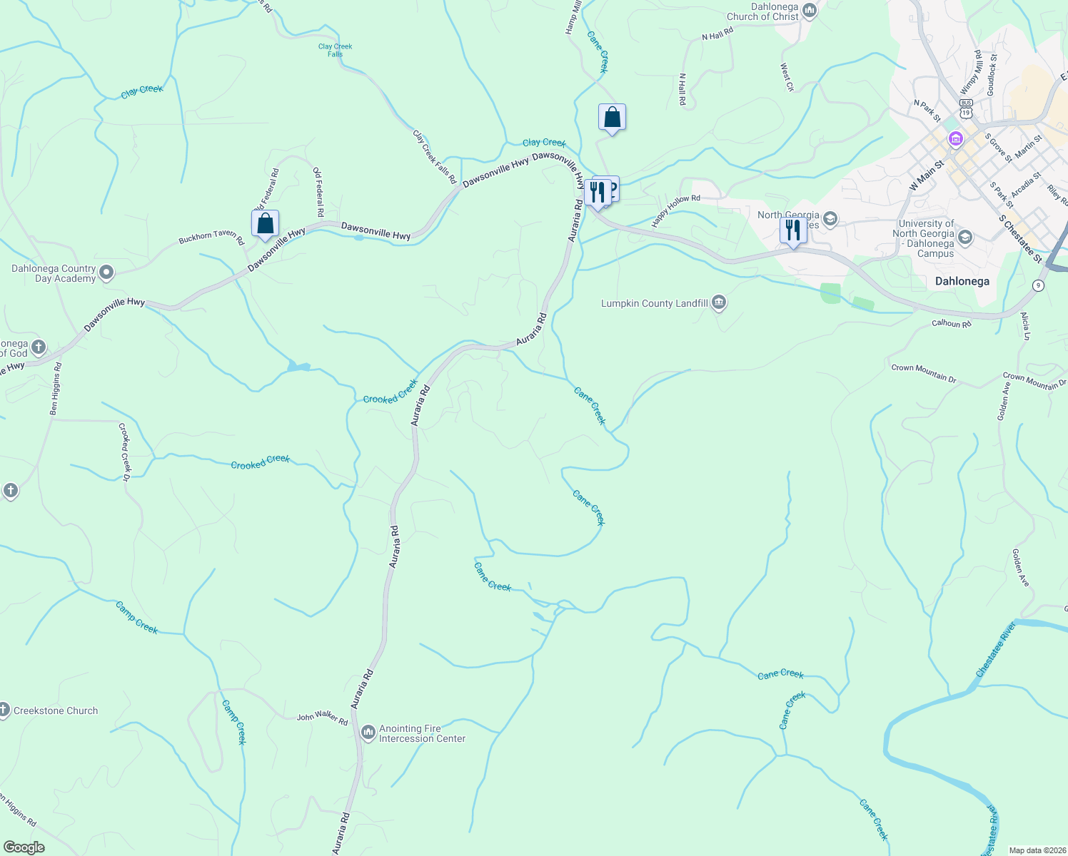 map of restaurants, bars, coffee shops, grocery stores, and more near Grub Stake Drive in Dahlonega