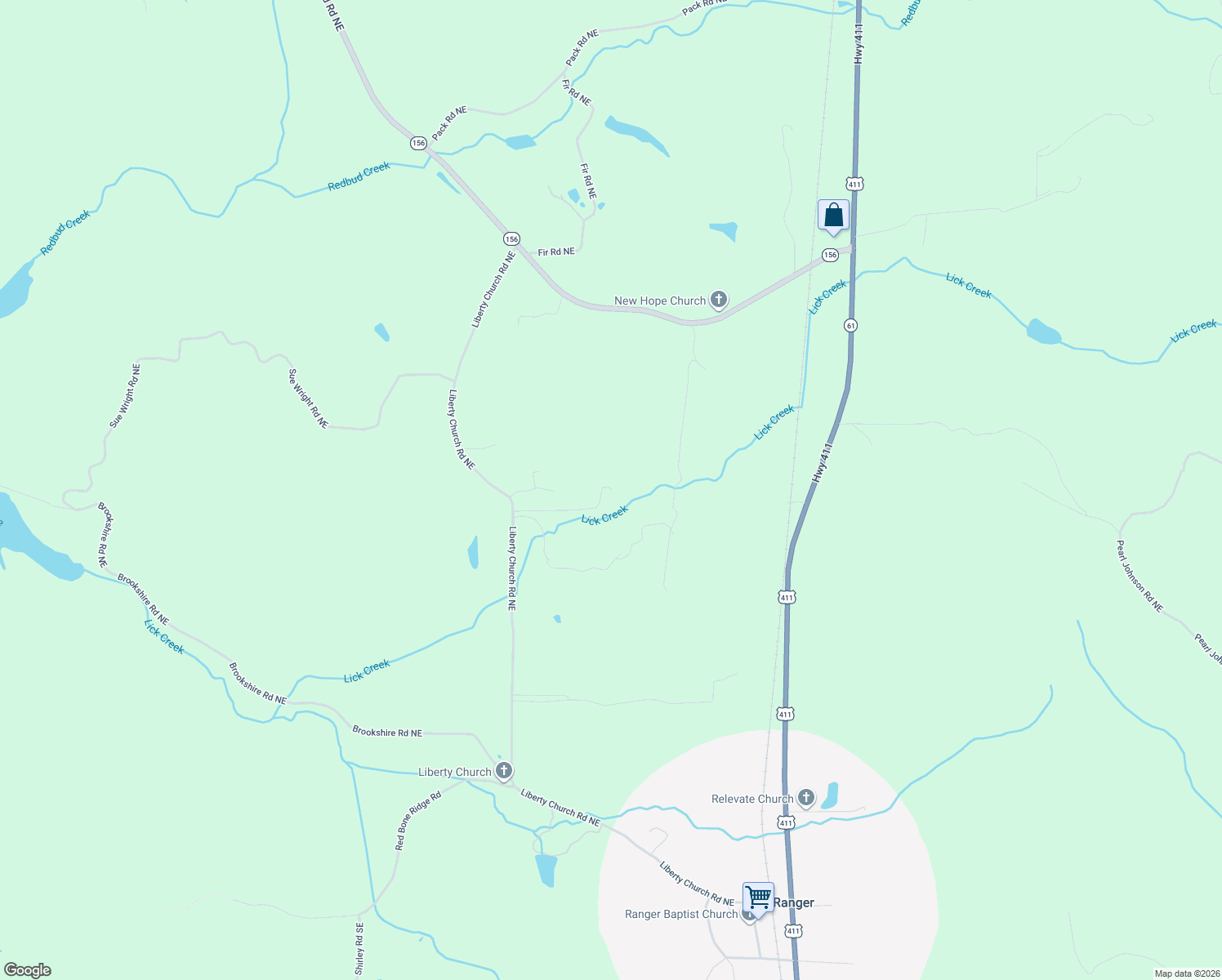map of restaurants, bars, coffee shops, grocery stores, and more near 1021 Liberty Church Road Northeast in Ranger