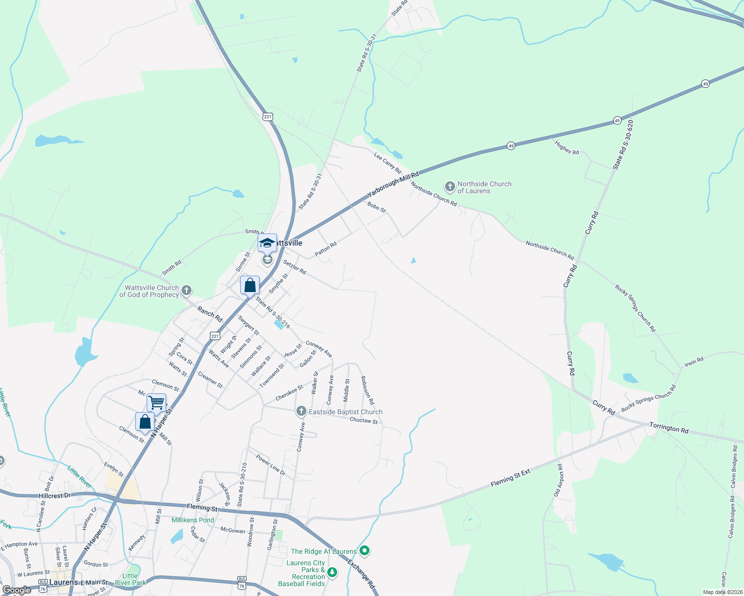 map of restaurants, bars, coffee shops, grocery stores, and more near 608 Setzler Road in Laurens