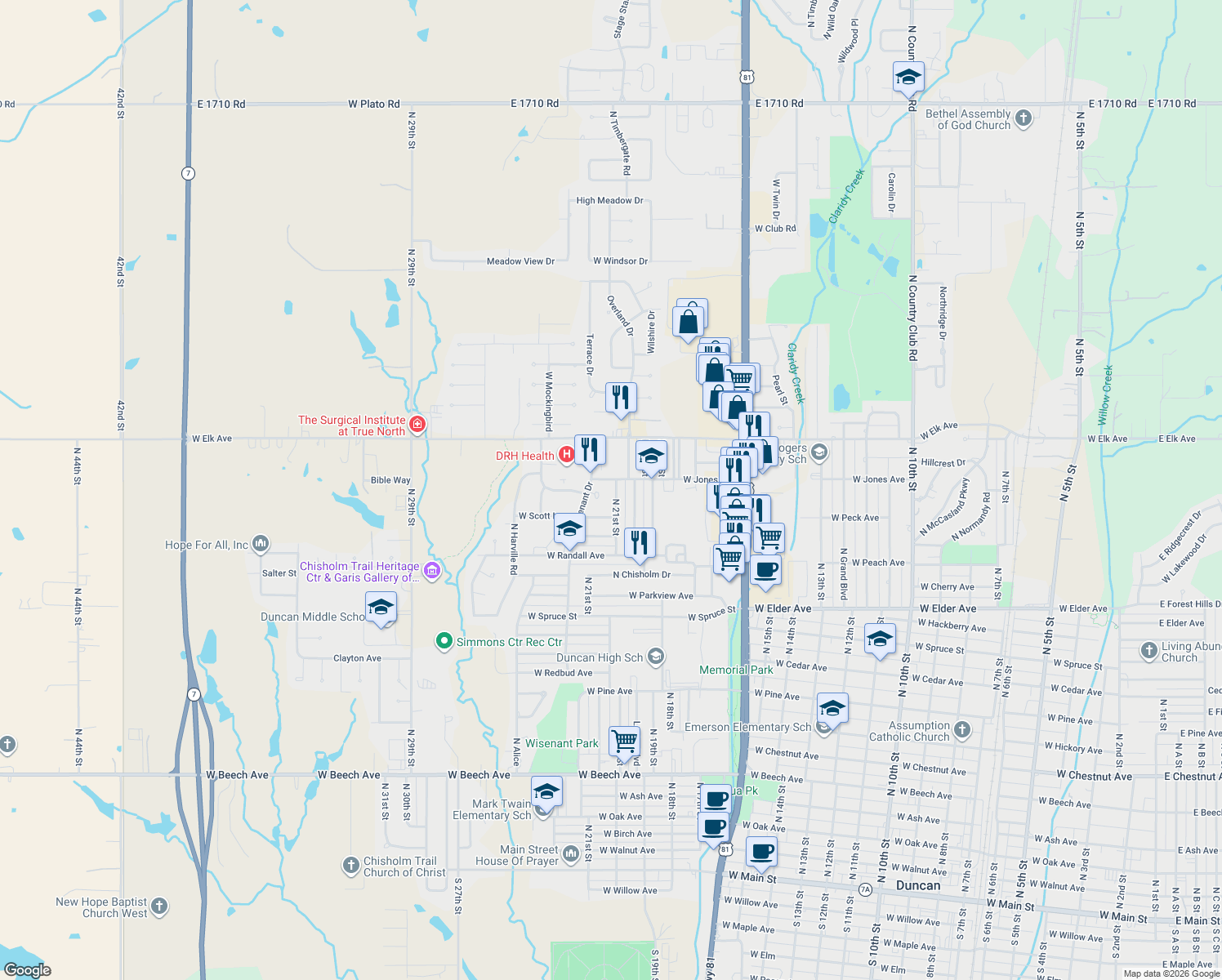 map of restaurants, bars, coffee shops, grocery stores, and more near 1313 North 21st Street in Duncan