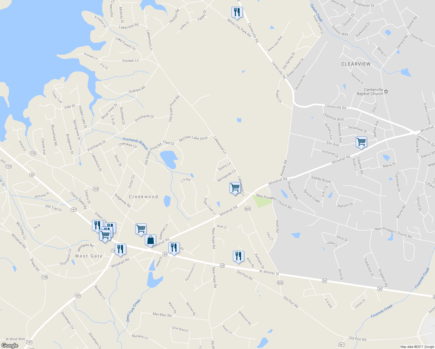 map of restaurants, bars, coffee shops, grocery stores, and more near 201 Springside Circle in Anderson
