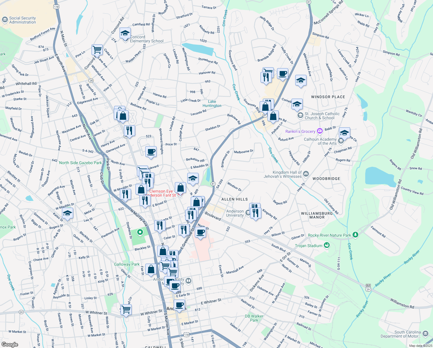 map of restaurants, bars, coffee shops, grocery stores, and more near 1110 East Greenville Street in Anderson