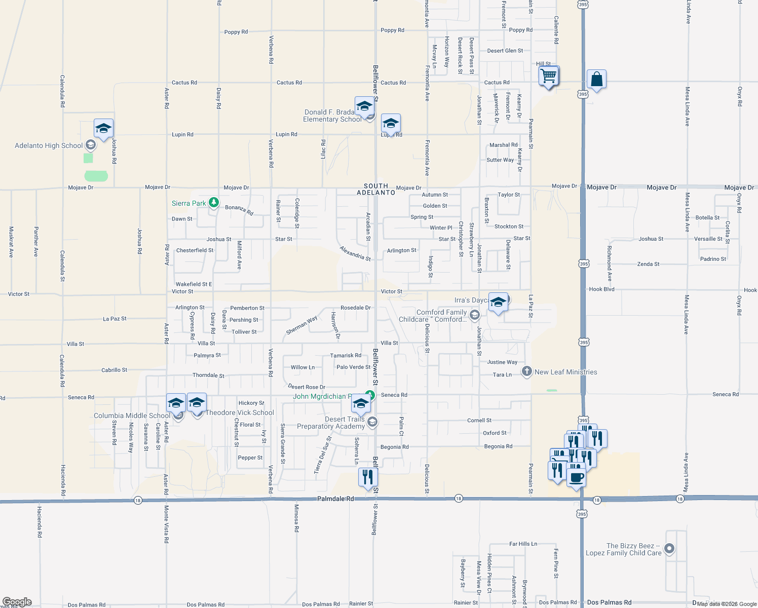 map of restaurants, bars, coffee shops, grocery stores, and more near 11334 Chantale Ct in Adelanto