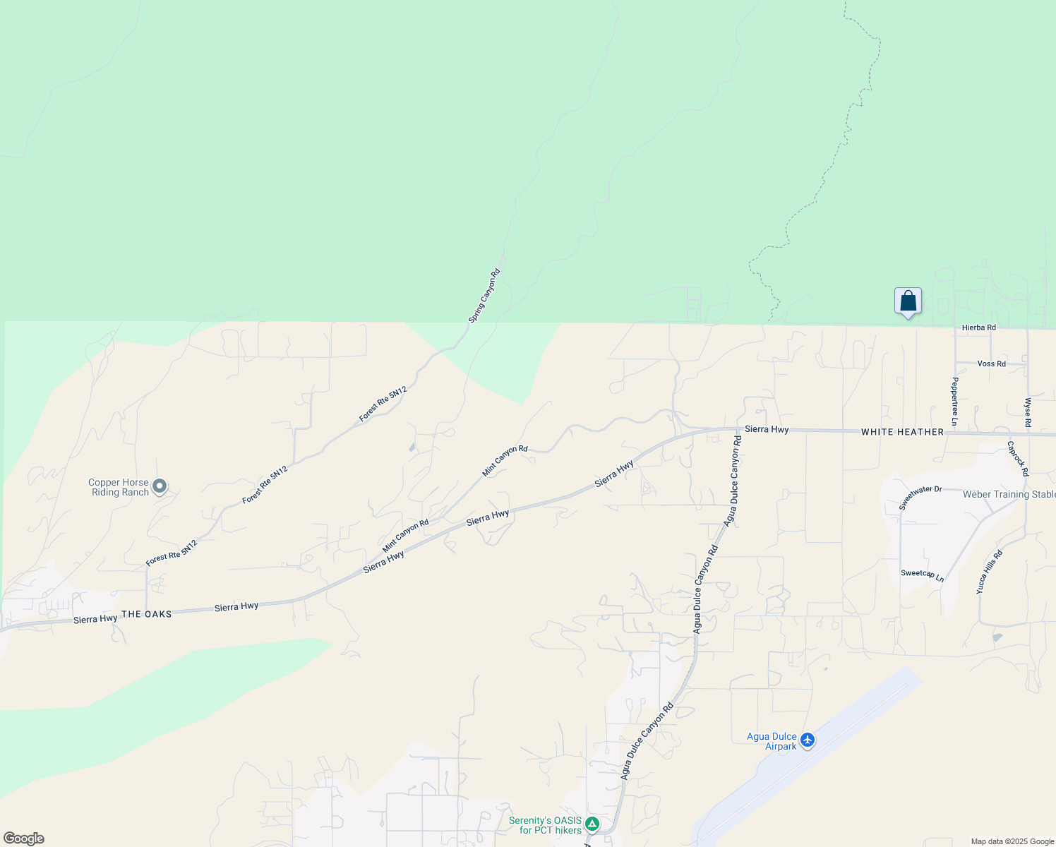 map of restaurants, bars, coffee shops, grocery stores, and more near Koontz Road in Agua Dulce