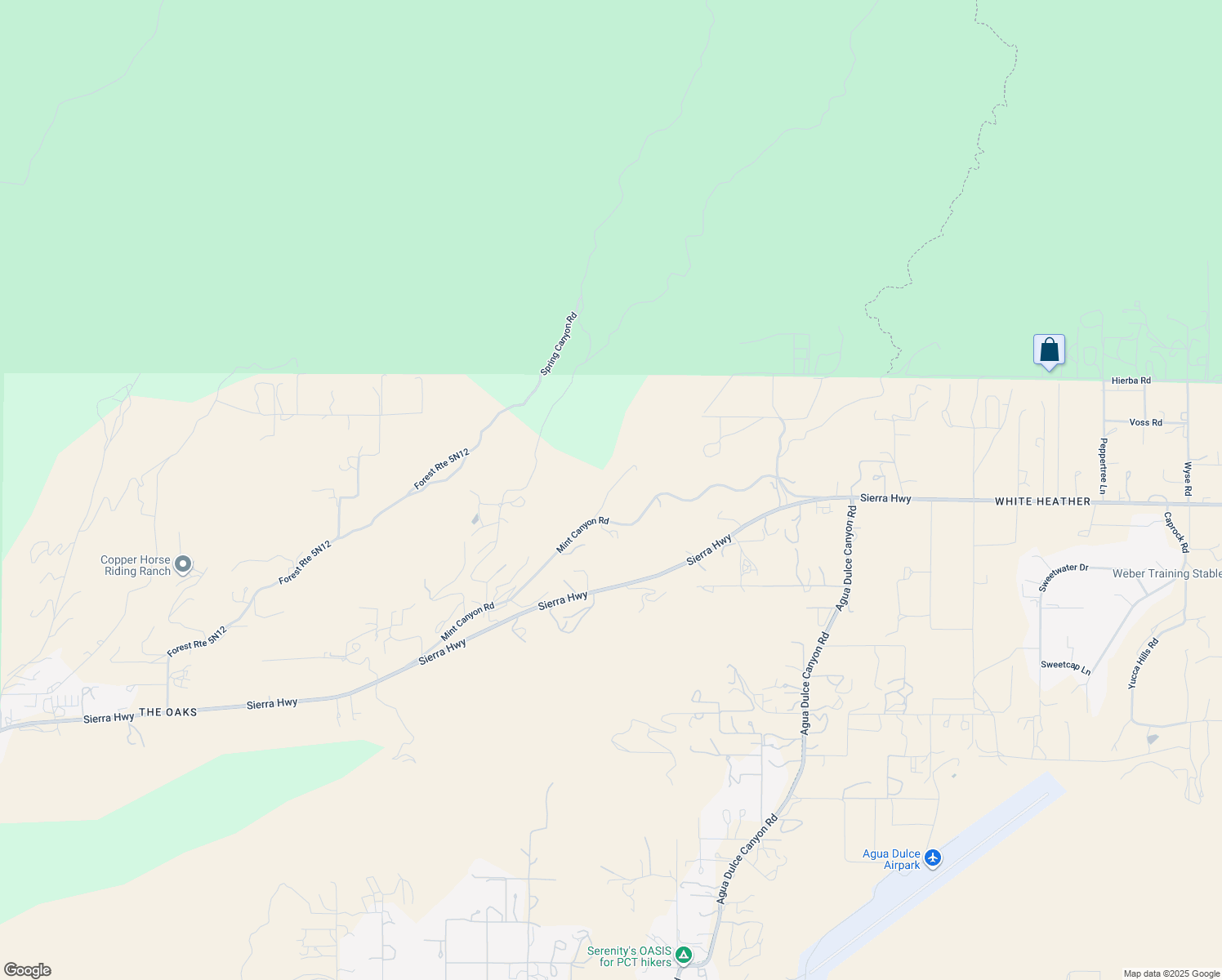 map of restaurants, bars, coffee shops, grocery stores, and more near Koontz Road in Agua Dulce