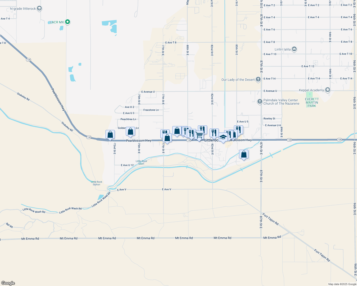 map of restaurants, bars, coffee shops, grocery stores, and more near 7812 Pearblossom Highway in Littlerock