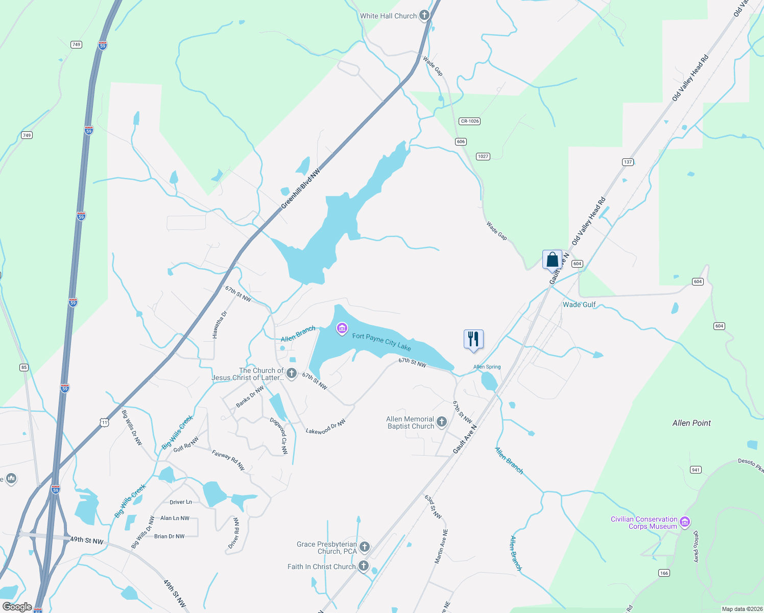 map of restaurants, bars, coffee shops, grocery stores, and more near 7104 Portobello Road Northwest in Fort Payne