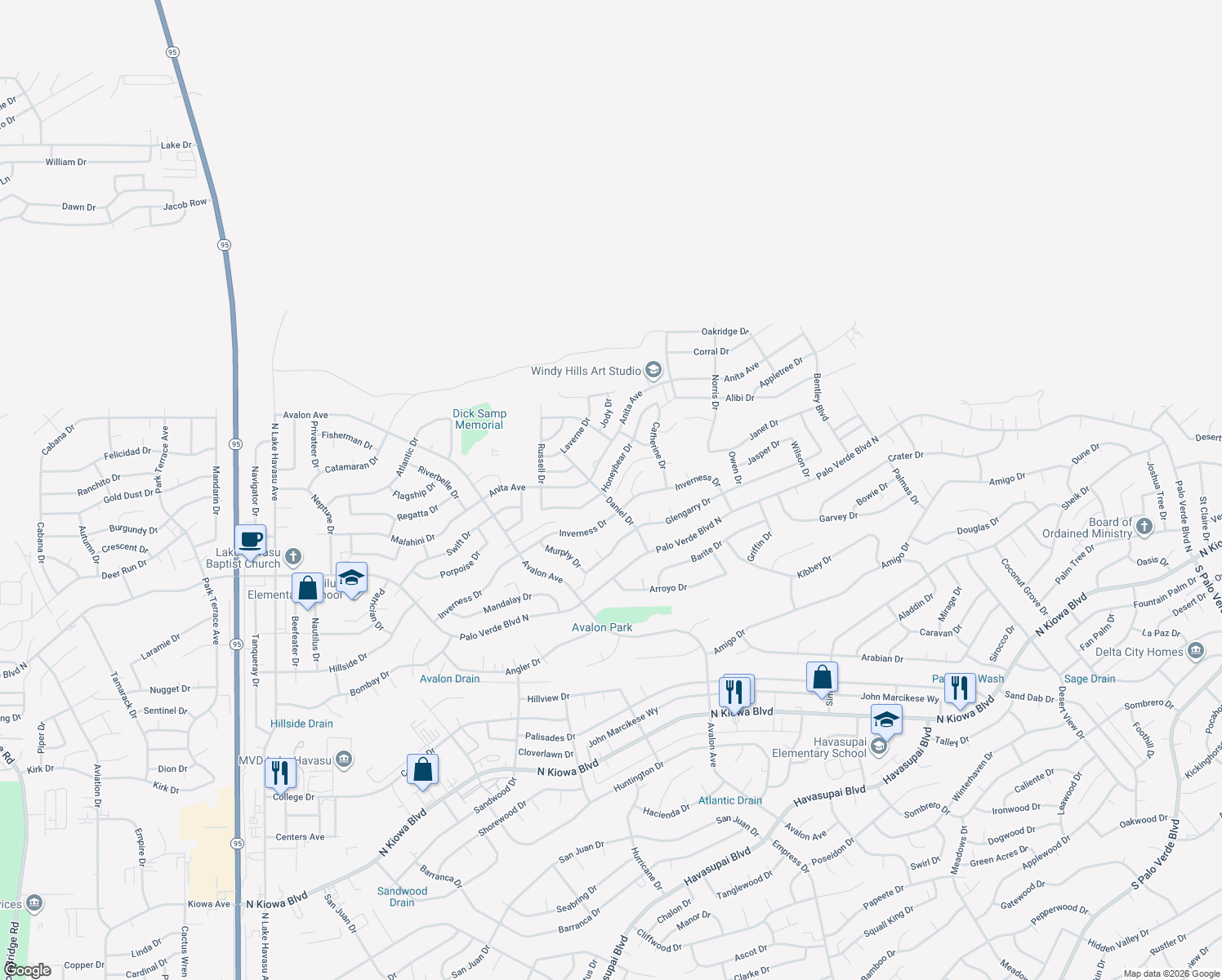 map of restaurants, bars, coffee shops, grocery stores, and more near 2606 Honeybear Drive in Lake Havasu City