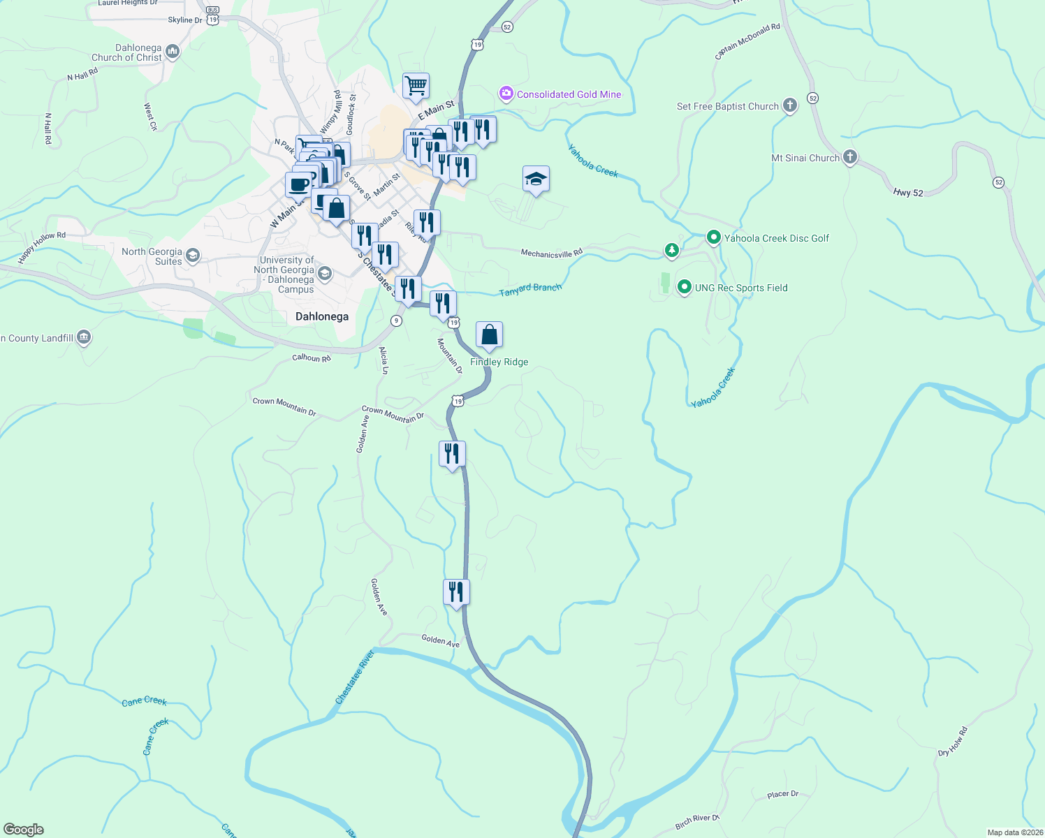 map of restaurants, bars, coffee shops, grocery stores, and more near 198 Stoneybrook Dr in Dahlonega
