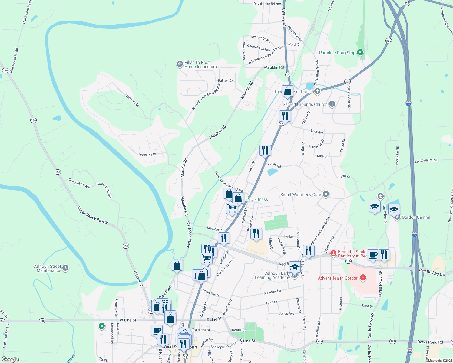 map of restaurants, bars, coffee shops, grocery stores, and more near 153 Henderson Bend Rd NW in Calhoun
