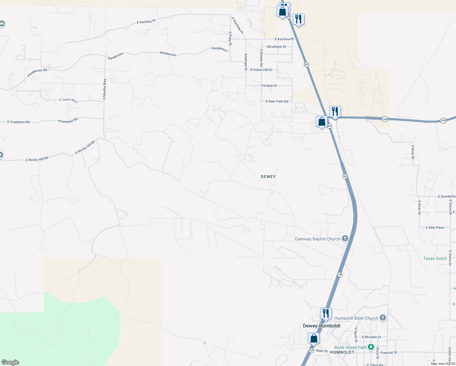 map of restaurants, bars, coffee shops, grocery stores, and more near 1250-1320 South Dewey Road in Dewey-Humboldt