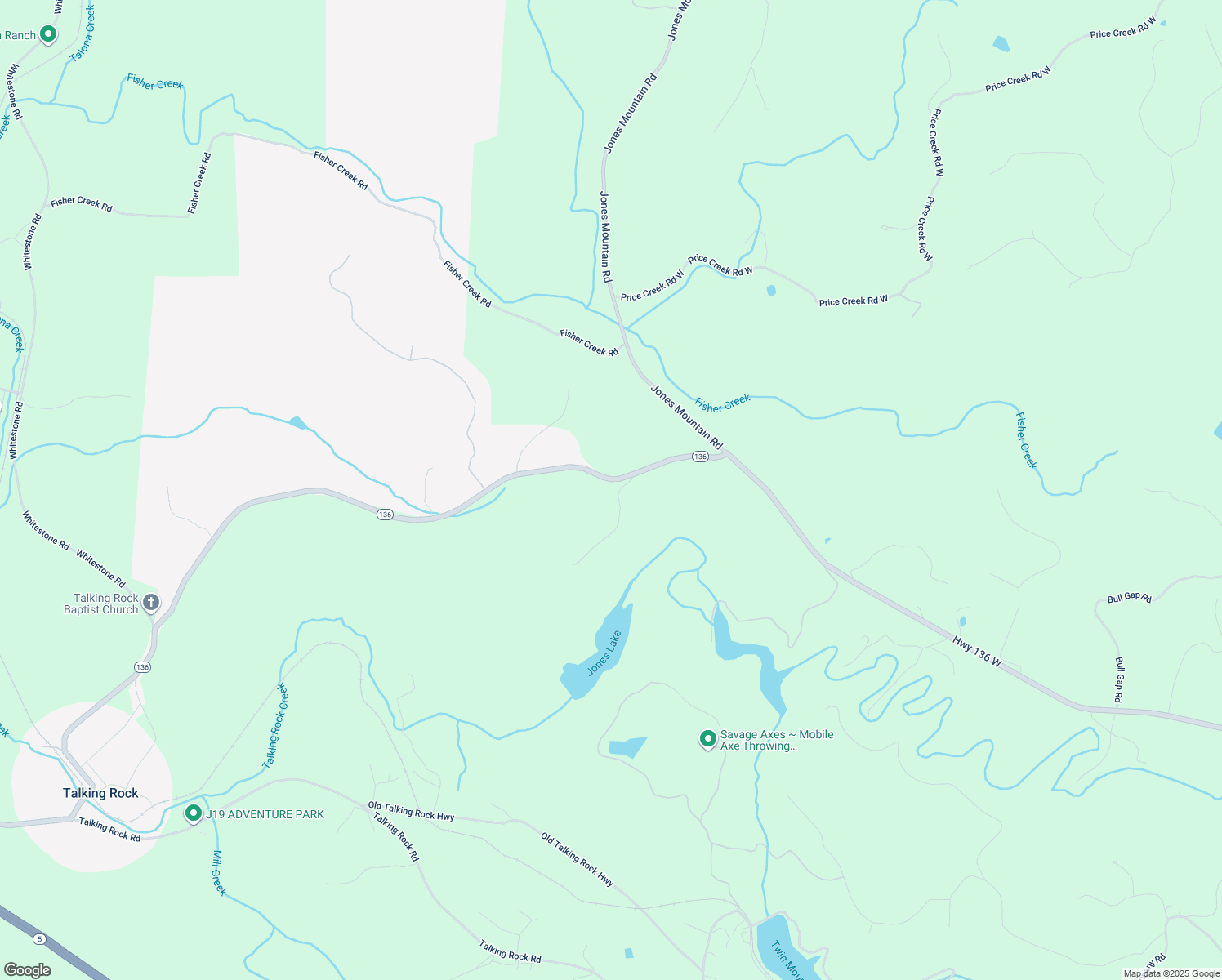 map of restaurants, bars, coffee shops, grocery stores, and more near 2297 Highway 136 West in Talking Rock