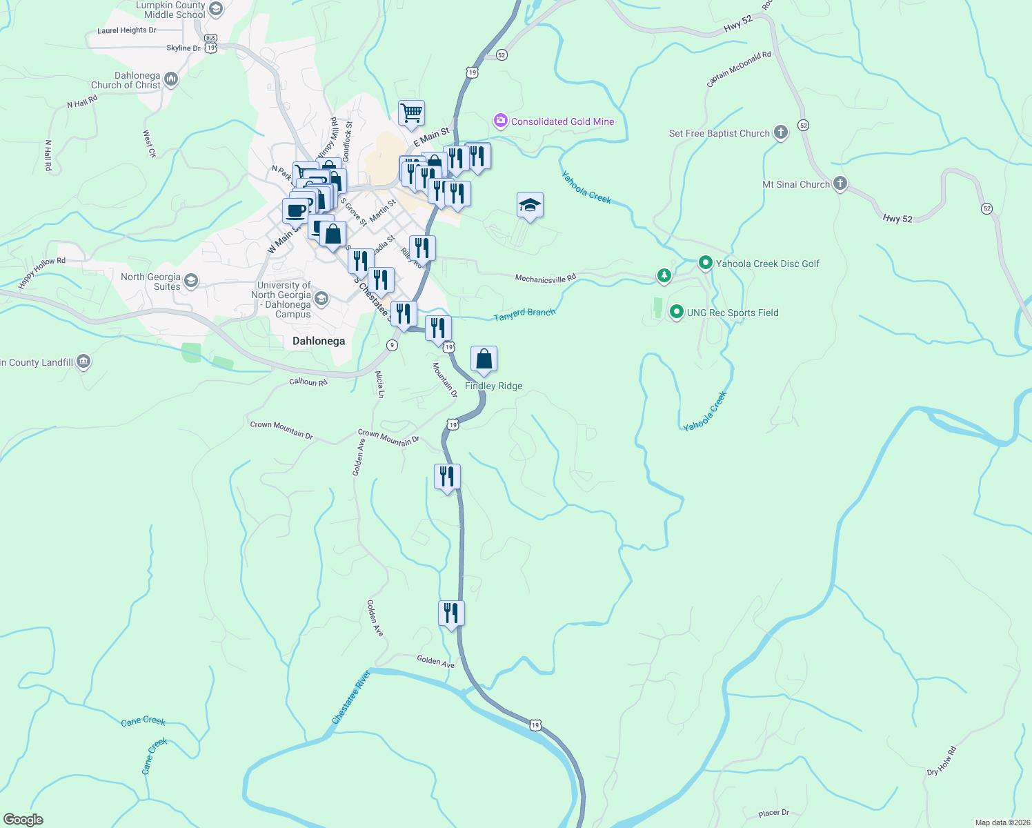 map of restaurants, bars, coffee shops, grocery stores, and more near 108 Stoneybrook Dr in Dahlonega