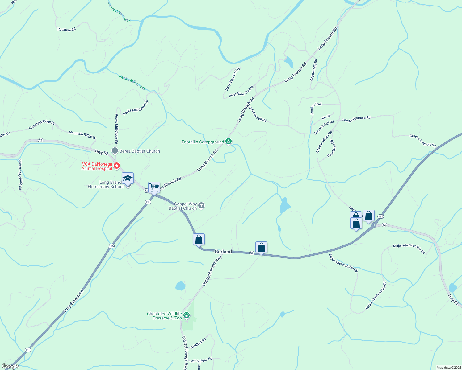 map of restaurants, bars, coffee shops, grocery stores, and more near 490 Lewis Brown Road in Dahlonega