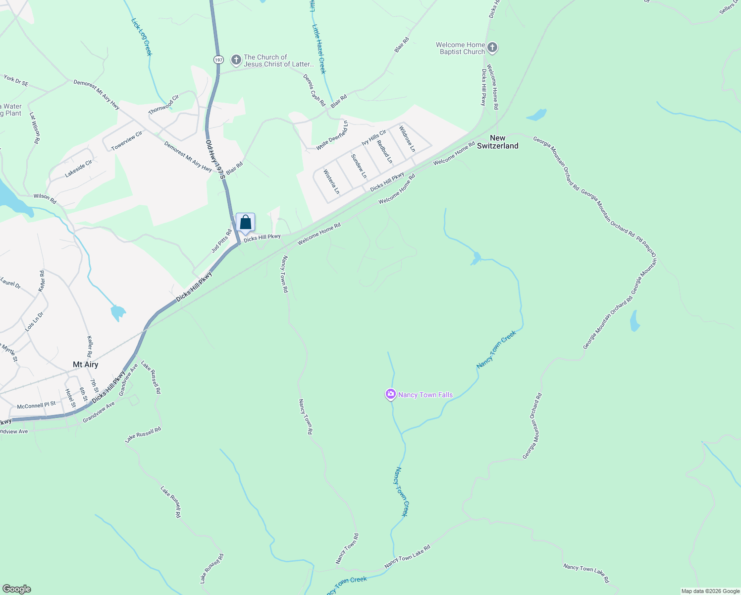map of restaurants, bars, coffee shops, grocery stores, and more near Dogwood Drive in Mount Airy