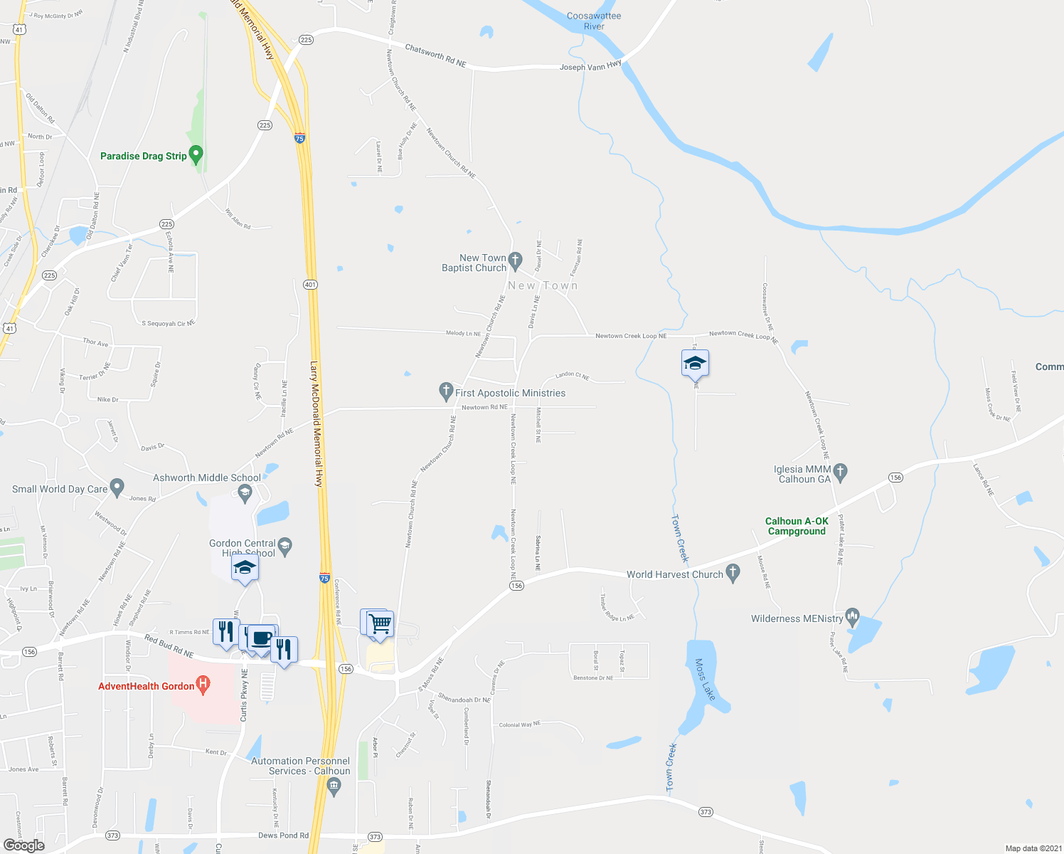 map of restaurants, bars, coffee shops, grocery stores, and more near 121 Mitchell St NE in Calhoun