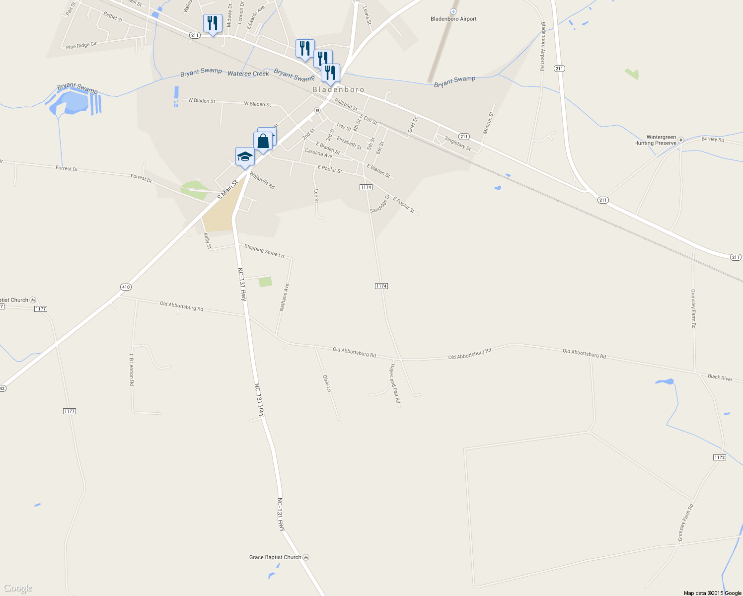 map of restaurants, bars, coffee shops, grocery stores, and more near 913 5th Street in Bladenboro