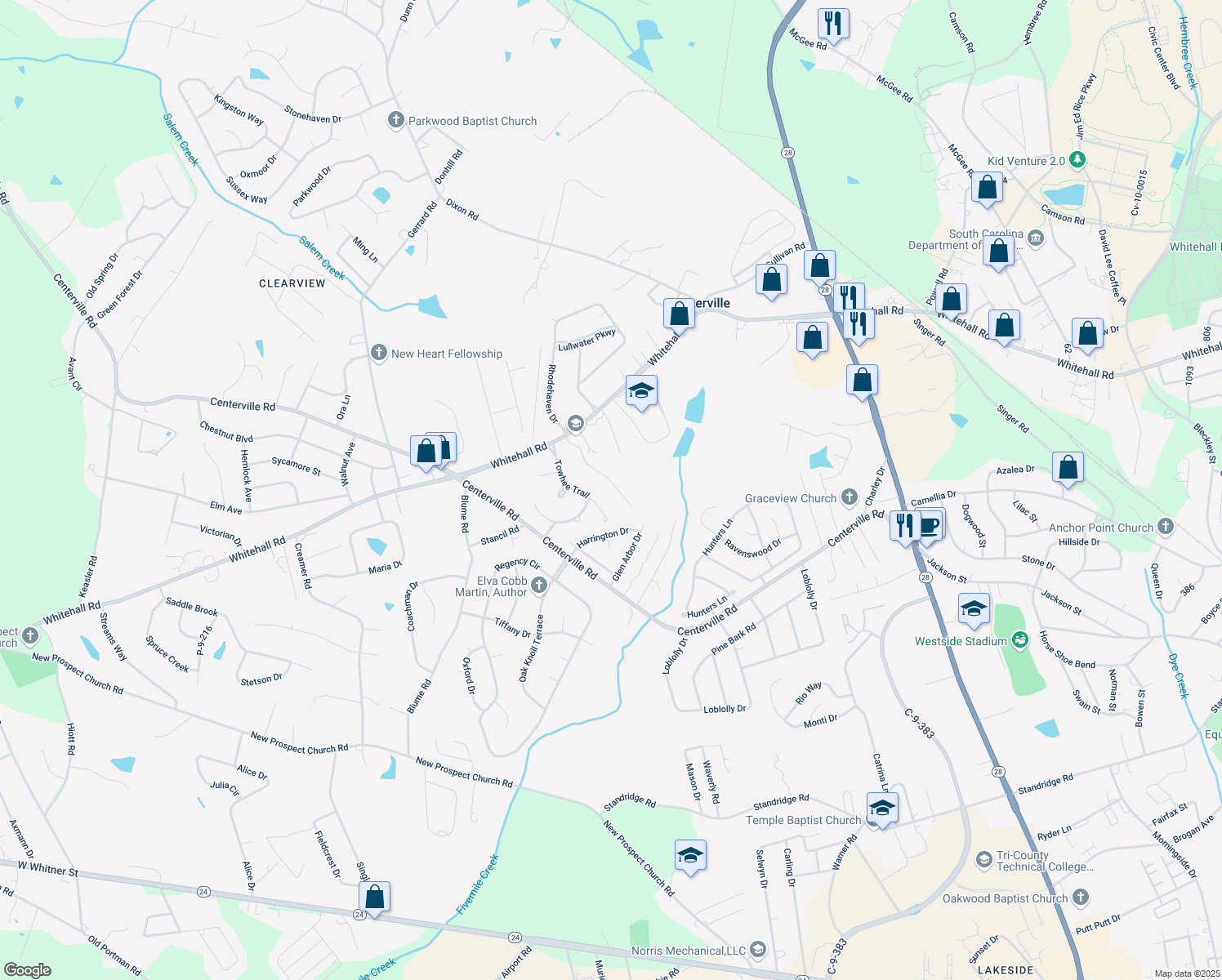 map of restaurants, bars, coffee shops, grocery stores, and more near 110 Park Way in Anderson
