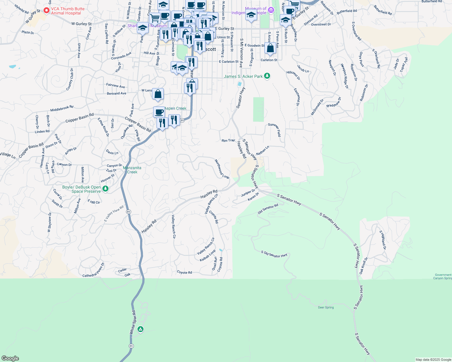 map of restaurants, bars, coffee shops, grocery stores, and more near 725 Northwood Loop in Prescott