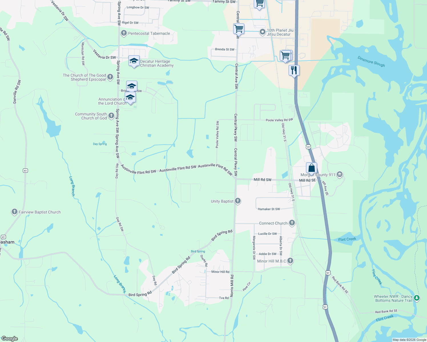 map of restaurants, bars, coffee shops, grocery stores, and more near 317 Austinville Flint Road Southwest in Decatur