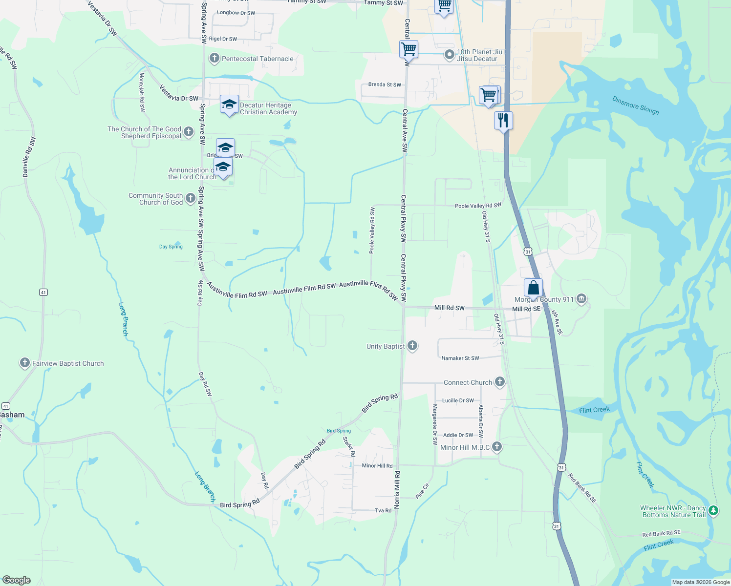 map of restaurants, bars, coffee shops, grocery stores, and more near 317 Austinville Flint Road Southwest in Decatur