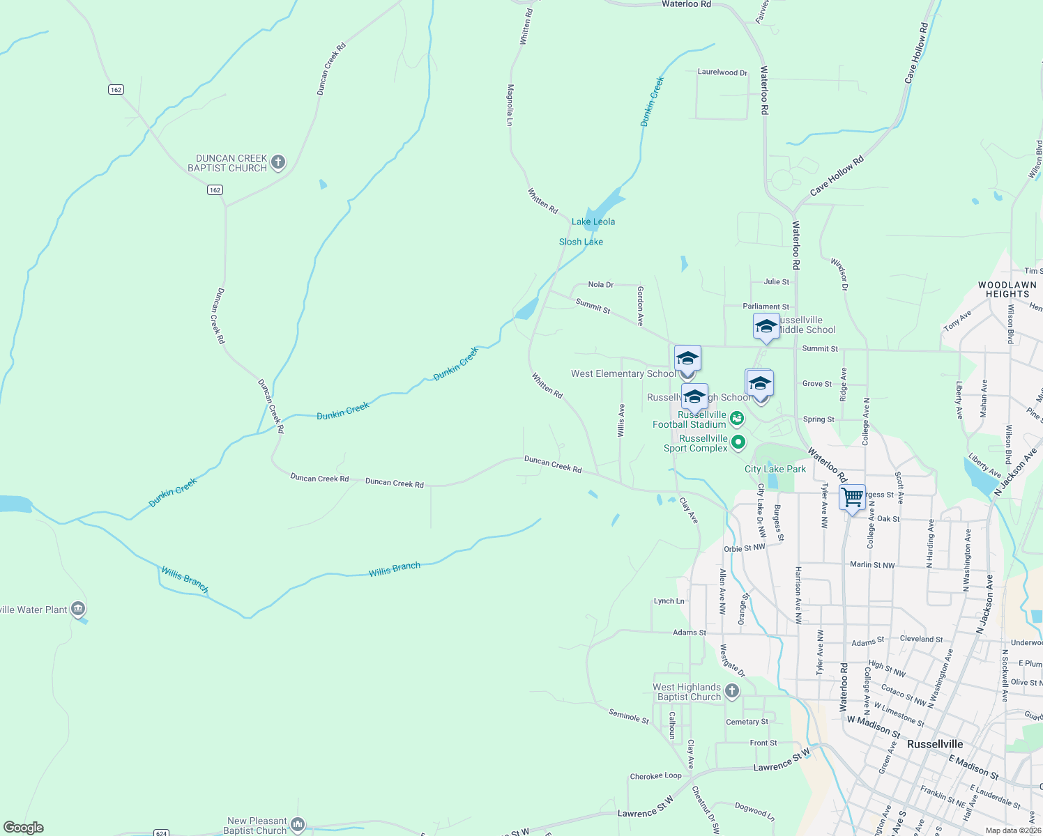 map of restaurants, bars, coffee shops, grocery stores, and more near 126 Timberline Drive in Russellville