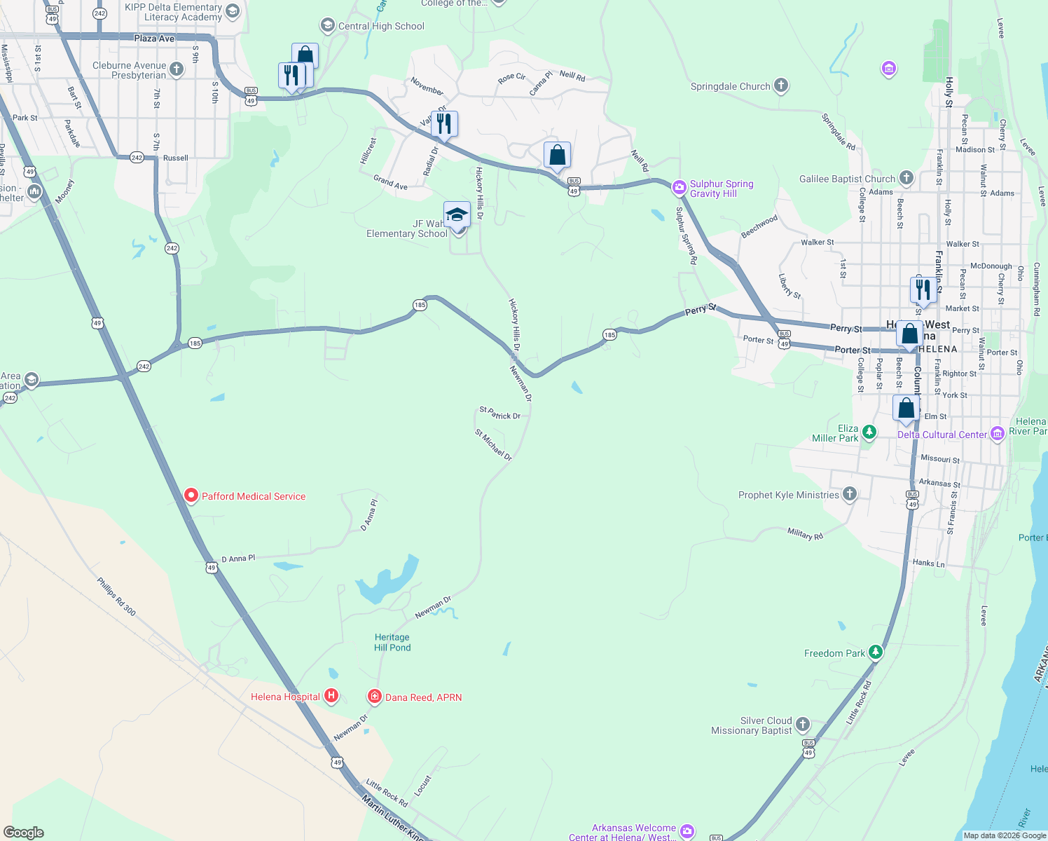 map of restaurants, bars, coffee shops, grocery stores, and more near 204 Newman Drive in Helena-West Helena