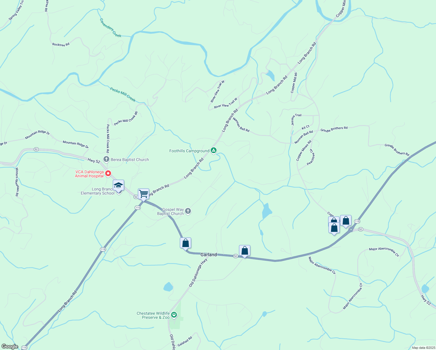 map of restaurants, bars, coffee shops, grocery stores, and more near 125 Cool Springs Lane in Murrayville