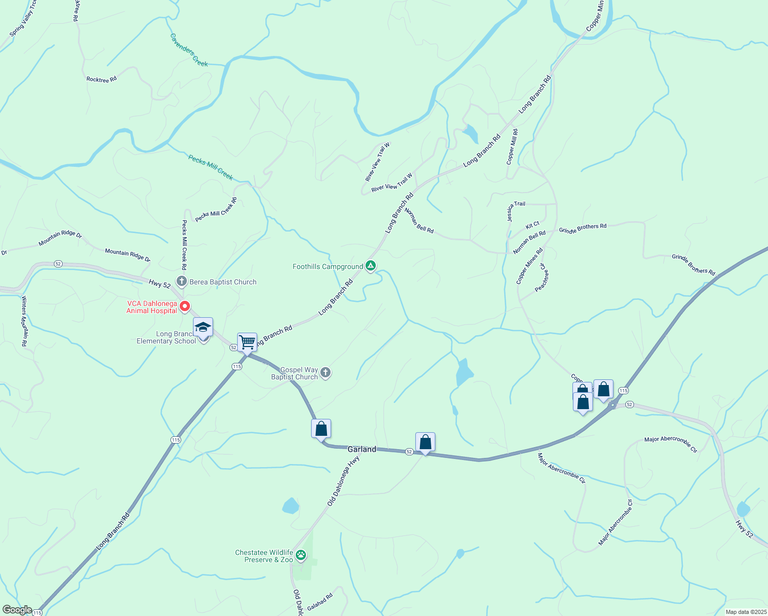 map of restaurants, bars, coffee shops, grocery stores, and more near 165 Cool Springs Lane in Dahlonega