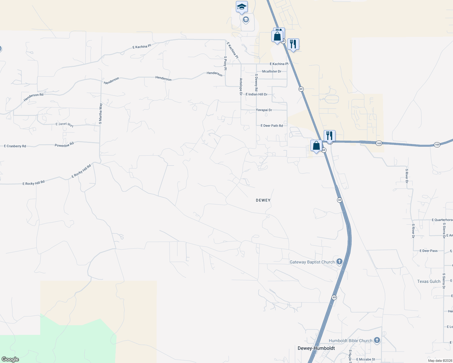 map of restaurants, bars, coffee shops, grocery stores, and more near 1250 South Dewey Road in Dewey-Humboldt