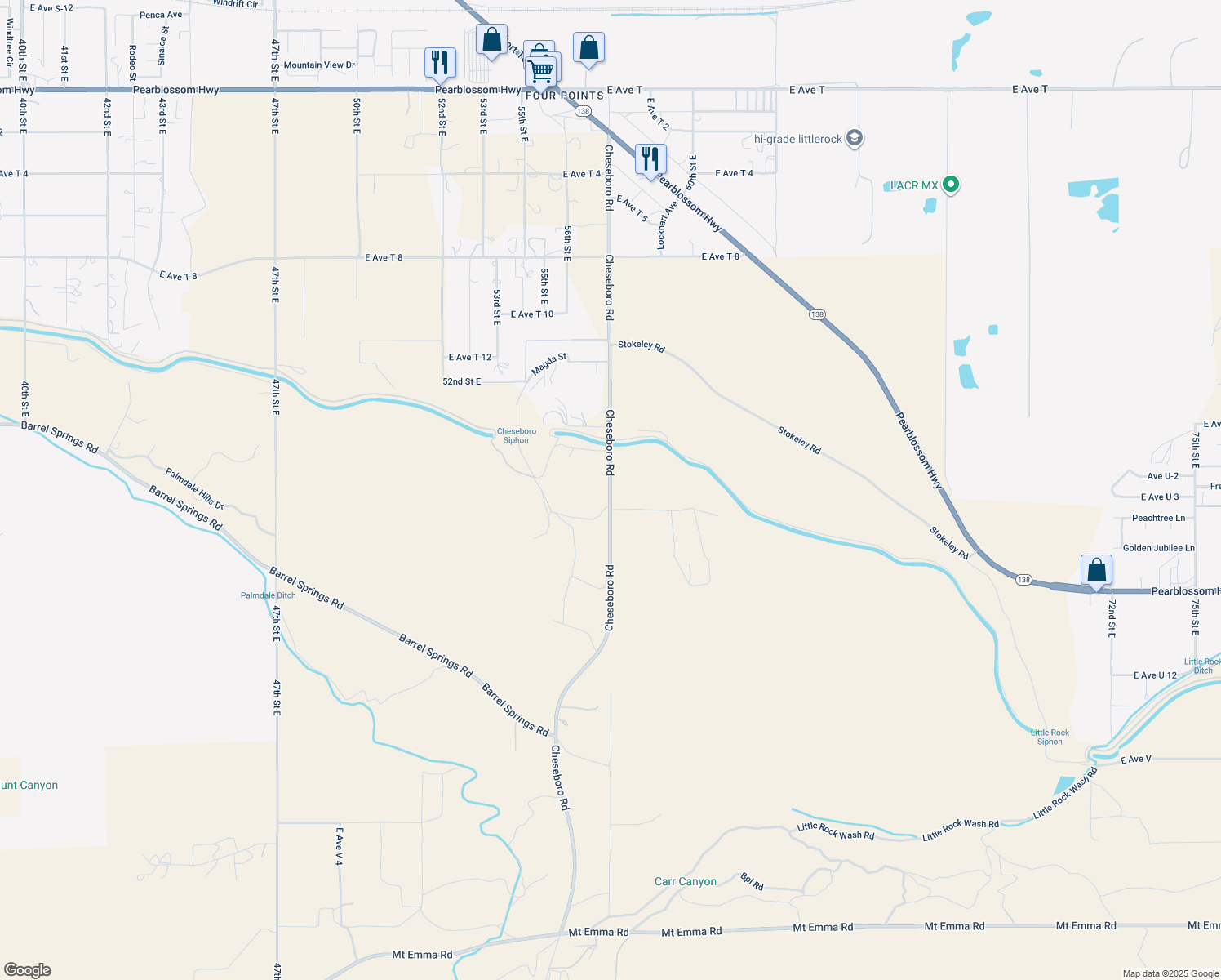 map of restaurants, bars, coffee shops, grocery stores, and more near Cheseboro Road in Palmdale